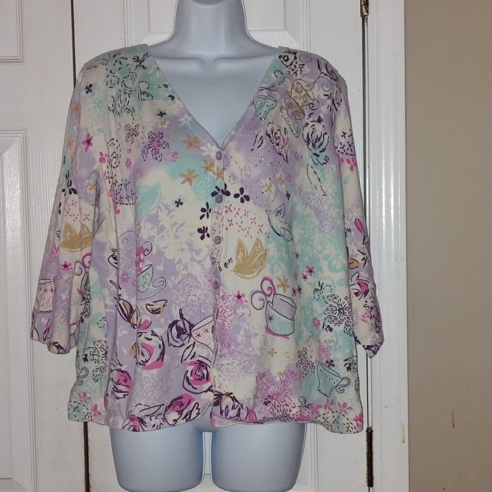 Christopher & Banks Pastel Tea Cup teacup Cardigan Button Sweater  Sz XL